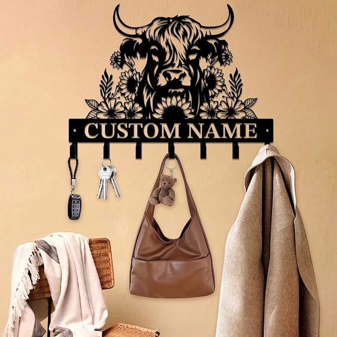 magilab Personalized Custom Highland Cow Wall Hooks,Metal Highland Cow Art Clothes Hooks,Metal Highland Cow Wall Home Storage Decorative,for Front Door, Hallway, Kitchen, Bedroom,Keys,Hats (Style L)