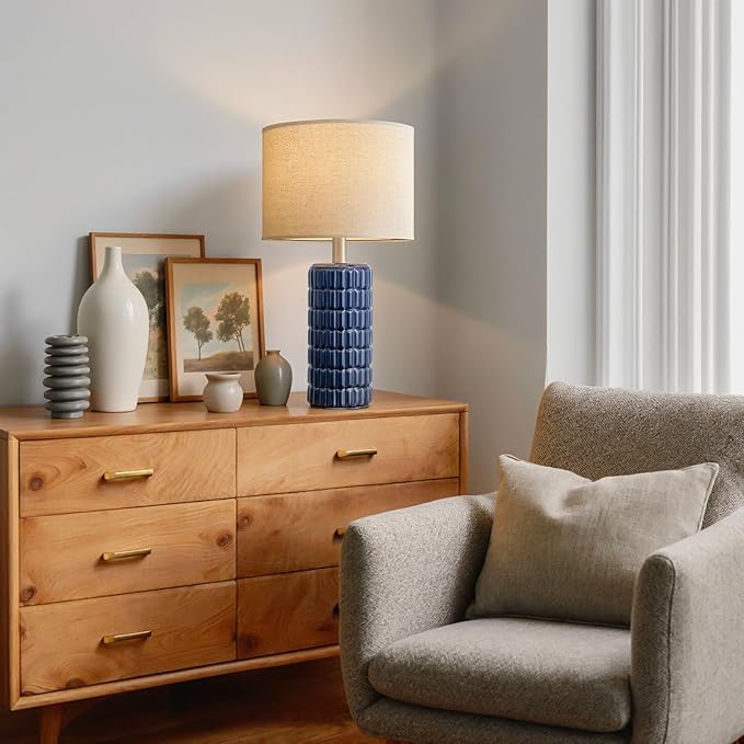 23" Modern Ceramic Table Lamps Set of 2 - Table Lamps for Living room, Farmhouse Bedside Night Stands Lamp for Bedroom, White Boho Nightstand Lamps Set of 2, Desk Lamp for End Table Home Decor(Blue)