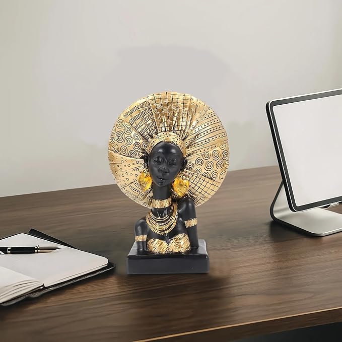 African Lady Bust Statue with Golden Headwrap – Resin Tribal Woman Sculpture for Home Decor, Black and Gold Figurine for Shelf, Table, Office, Living Room, Gifts for Women