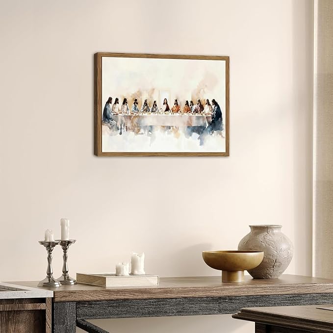 Jesus Last Supper Wall Art, Christian Wall Decor Pictures, Religious Bible Watercolor Canvas Prints Paintings Artwork for Living Room Dining Room Church Easter Faith Decor 16x24 Inch Framed