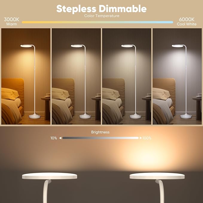 SIBRILLE 36W LED Floor Lamp, Super Bright Standing Lamp, Modern Stepless Dimmable Torchiere Tall Lamp with Remote Control, 350°Rotating Head Reading Floor Lamp for Living Room, Bedroom, Office - White