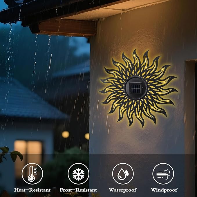 VCUTEKA 20" Sun Metal Wall Art Outdoor Decor Solar Decoration Metal Wall Sculpture Hanging Garden for Indoor Outdoor Patio Fence Decoration Black