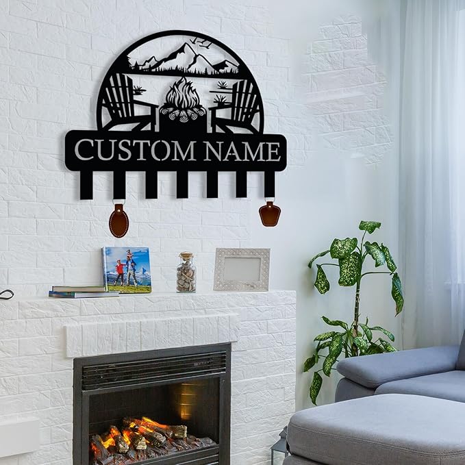 Personalized Campfire Design Metal Key Holder for Wall, Metal Wall Mount Custom Name Hooks, Cabin Key Hooks, Camp Area Key Hanger Decor, Key Rack for Farmhouse, Key Organizer for Living Room, Entryway