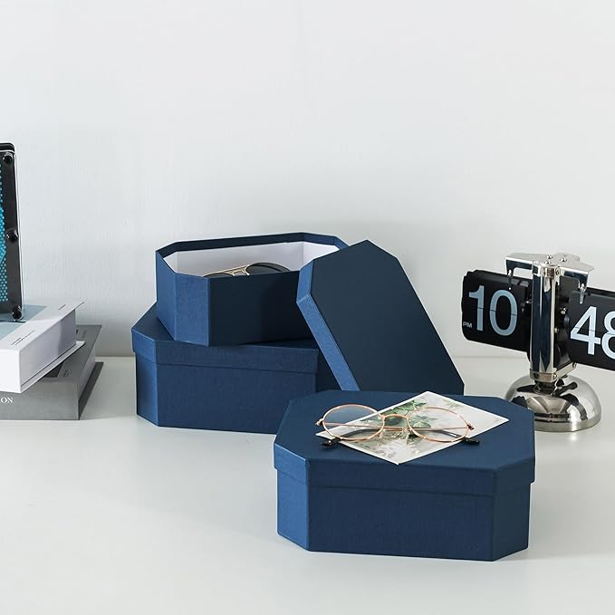 Soul & Lane Octagon Textured Decorative Boxes in Navy Blue, Set of 3 Unique Nesting and Durable Cardboard Memory Storage Boxes for Organizing, Gifts, Keepsakes