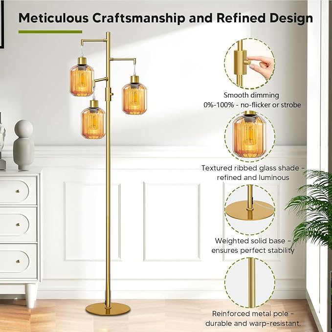 LVYE Gold Floor Lamp for Living Room, Modern Mid Century Standing Lamp with Amber Glass Shade, Dimmable Tall Tree Lamp with 3×6W LED Bulbs, Tall Lamp for Bedroom Office