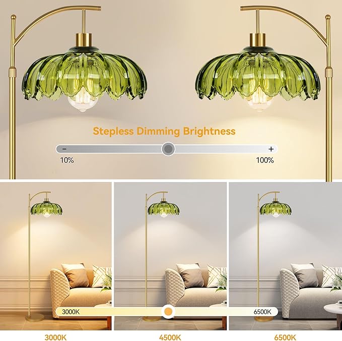 ZECOXOL Gold Floor Lamps for Living Room Vintage Green Floor Lamp with Remote Control & Glass Lampshape,Dimmable Mid Century Modern Standing Lamp Tall Flower Lamp Brass Floor lamp for Bedroom Corner