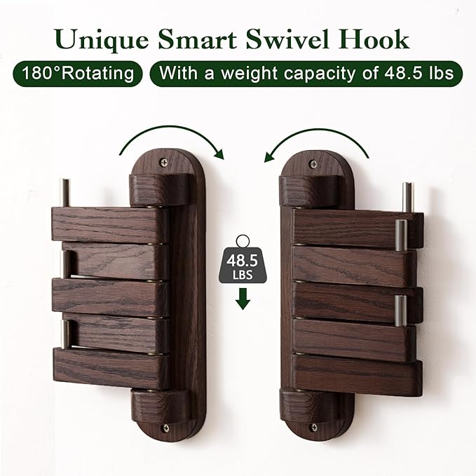 Swivel Coat Rack for Wall, Oak Wood Coat Hooks Wall Hooks with 5 Swivel Foldable Arms, Entryway Shelf for Bedroom, Entryway, Living Room, Bathroom,Office, Classroom, Heavy Duty (Walnut)