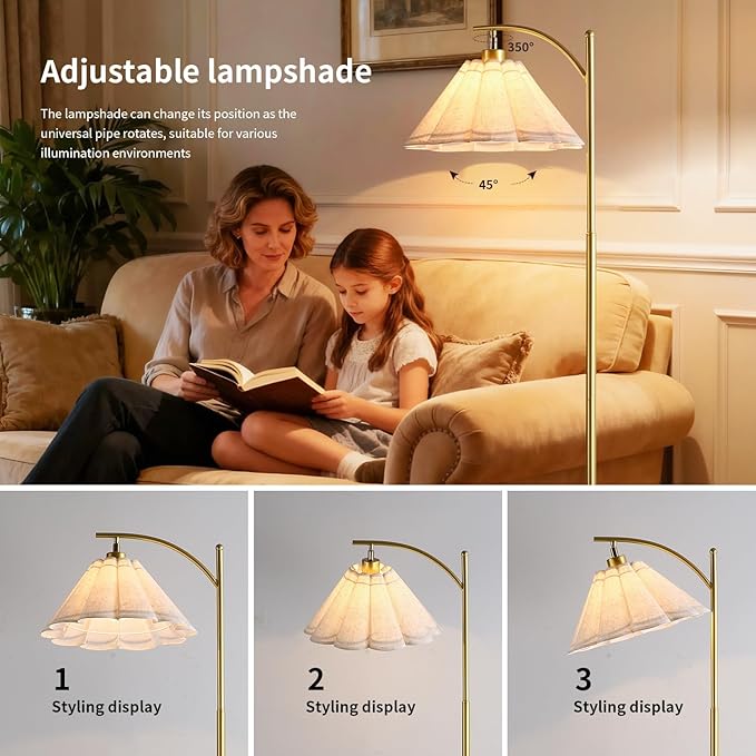 Omlaamy Floor Lamp with Pleated Linen Lampshade, Modern Flower Floor Lamp for Living Room Arc Standing Lamp, Gold Tall Lamp for Bedroom Office Dining Room, Bulb Included (Gold + Flax Color, 66.14IN)