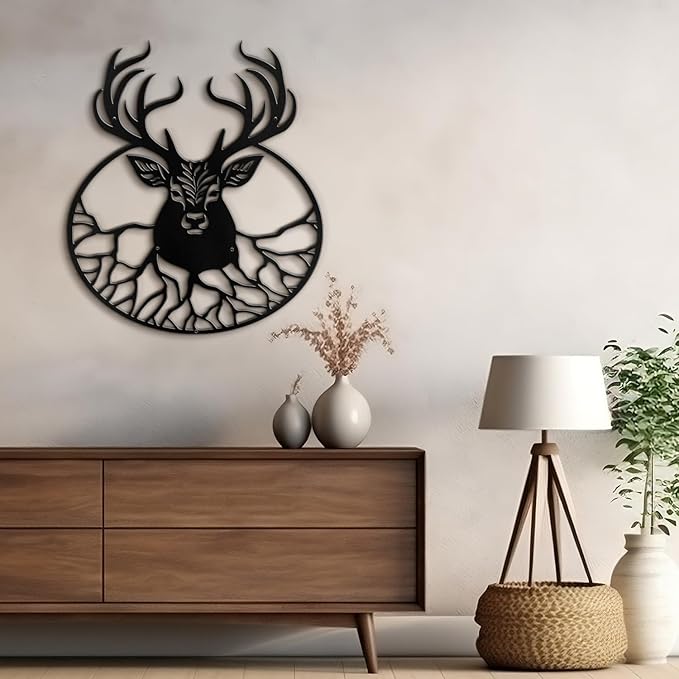 SIGNLEADER Metal Wall Art Decor Deer with Antlers Minimalist Modern Abstract Wall Sculpture Hangings Home Decoration for Living Room, Bedroom, Bathroom, Kitchen, Outdoor - 18" Black