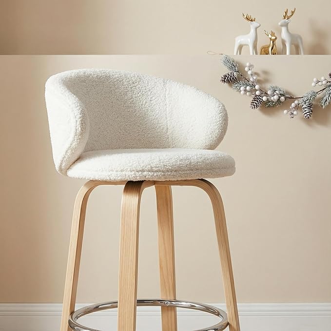 LukeAlon Modern Single Sherpa Counter Stool, Upholstered 26" Seat Height Low Bar Stools with Wood Legs Armless Counter Height Bar Chairs with Footrest for Kitchen Dining Room, Fur White