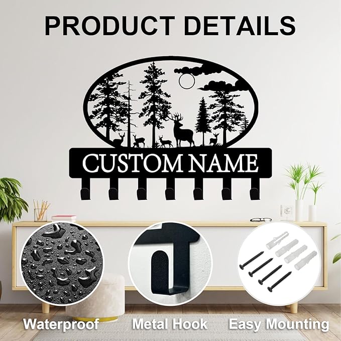 Custom Key Holder for Wall Personalized Metal Key Hook Key Organizer Rack Key Hanger Home Decor for Entryway, Garden, Bathroom, Kitchen, Garage (Deer)