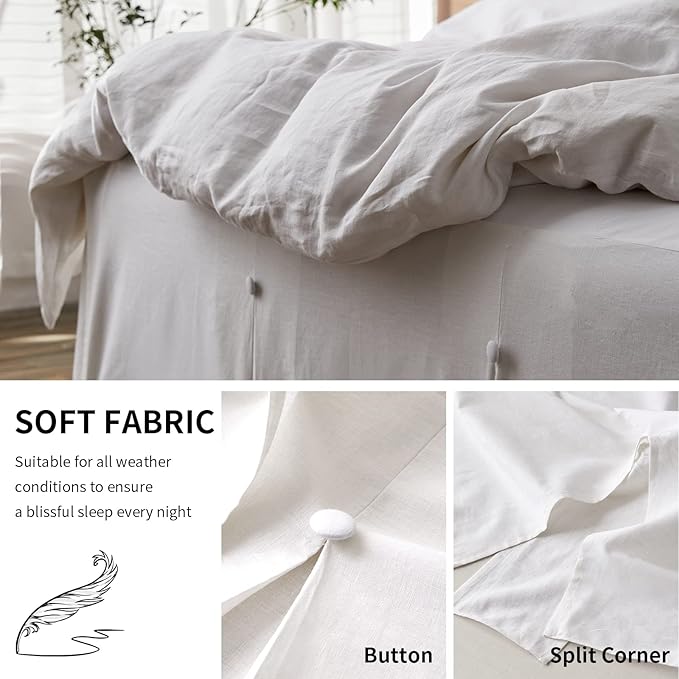 BISELINA French Linen Bed Skirt Split Corner with Button 18-Inch Tailored Drop Natural Flax Cotton Blend Basic Dust Ruffle Soft Cozy (18" King,Button White)