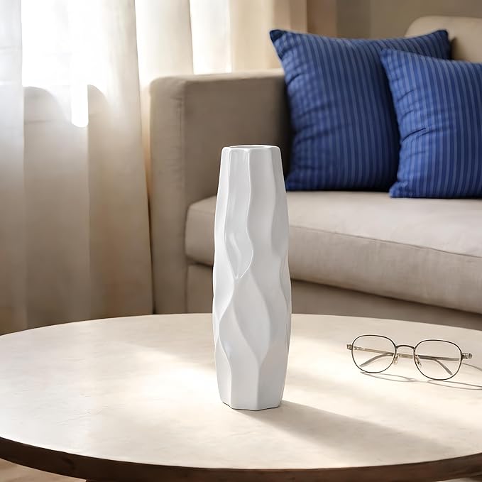 12 Inch White Vase Ceramic Flower Vase, Tall Vases for Pampas Grass, Home Decor, Modern Textured Vases for Living Room Decorations,Table Centerpieces,Shelf,Farmhouse Small Ceramic Vase