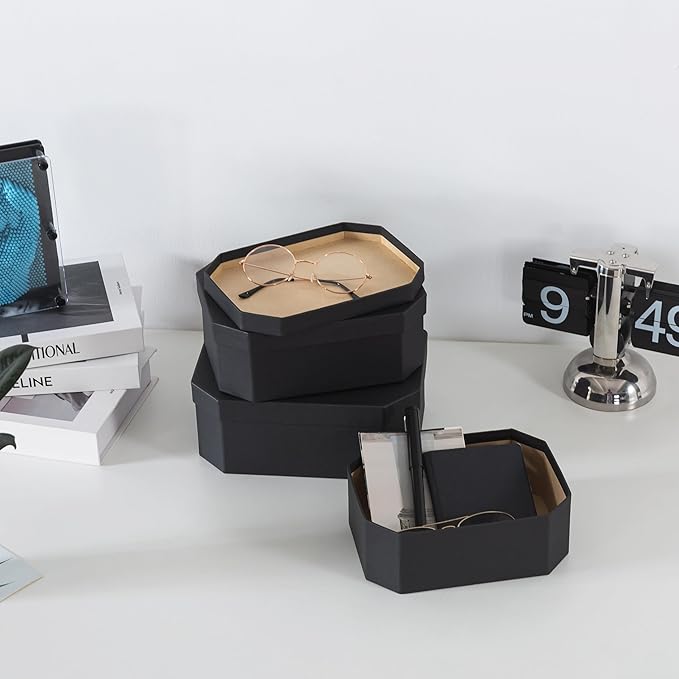 Soul & Lane Octagon Textured Decorative Boxes in Black - Set of 3: Unique Nesting Gift Set, Durable Cardboard Storage for Organizing, Memory Boxes for Keepsakes
