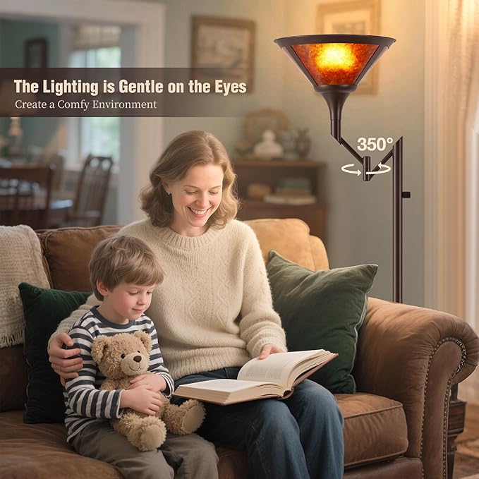 EJIAXIN Floor Lamps for Living Room - 70" Brown Torchiere Standing Floor Lamp with Adjustable Swing Arm - Tall Corner Lamp Decor for Bedroom with Mica Shade LED Reading Light for Home Office