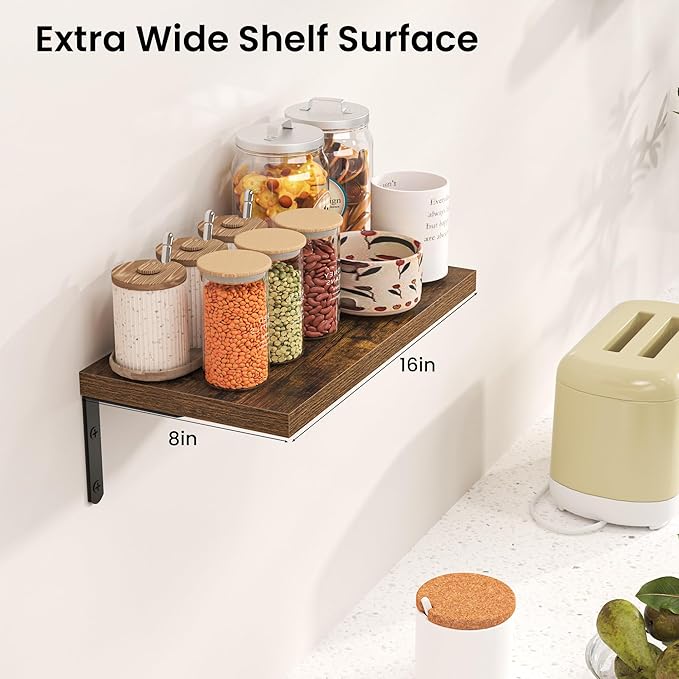 Marsmiles Extra Wide Floating Shelves for Wall, 16x8 Inch Natural Wood Grain Bookshelves, Heavy Duty Mounted Shelving for Bathroom, Kitchen, Living Room, Bedroom,Set of 2，Rustic Brown