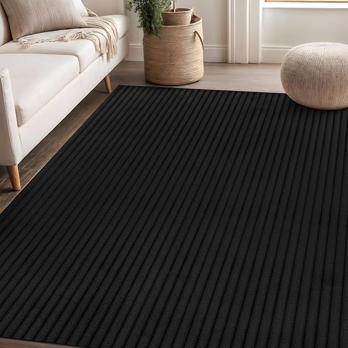 Beverly Rug Non Slip Area Rug 4 x 6 Modern Durable Ultra Soft Ribbed Indoor Rugs for Living Dining Room Office Stain Resistant Non Shedding Casual Easy Shag Indoor Carpet Black 4x6