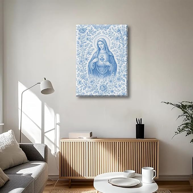 Blue Virgin Mary Immaculate Heart Canvas Wall Art Christian Catholic Wall Decor Our Lady of Guadalupe Portrait Poster Prints Religious Bible Artwork for Living Room Prayer Room Church 16x24in