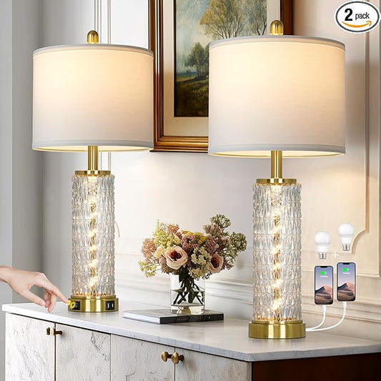28" Gold Glass Table Lamps Set of 2, Gold Modern Bedside Lamp with LED Night Light, USB A+C, Glass Lamps for Living Room, Bedroom, Nightstand, Office, End Table (2 Bulbs Included)