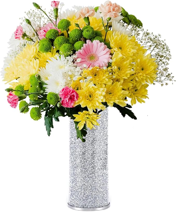 Silver Glass Vase for Flowers, Large 10in Crushed Diamond Vase, Luxurious Fresh Flower Vase for Home Decor, Bedroom, Living Room, Office, Wedding, Party, Dining Table