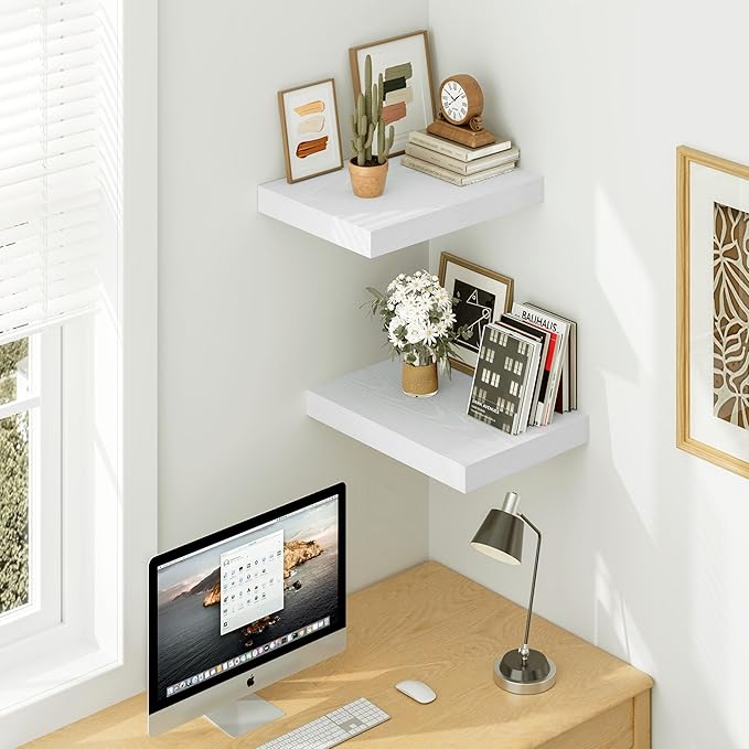 Vivelove White Floating Shelves Over Toilet 12 Inches Deep, 15.7x12 Floating Shelves for Wall with Invisible Brackets, Room Shelves for Living Room Bedroom Bathroom Kitchen Office, Set of 2