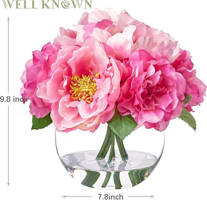 Artificial Flowers in Vase, Silk Peonies Bouquet for Vase with Faux Water, Fake Peony Pink Flower Arrangement for Home Wedding Birthday Party Dining Table Centerpiece Spring Festival Decor Mom's Gift