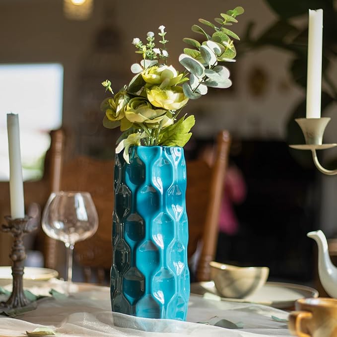 Bdor Ceramic Vase, 11in Flower Vase, Blue Honeycomb Vase for Room Decor, Modern Farmhouse Home DéCor Accents, Living Room Decor, Book Shelf, Mantel and Minimalism Dining Coffee Table Decor.