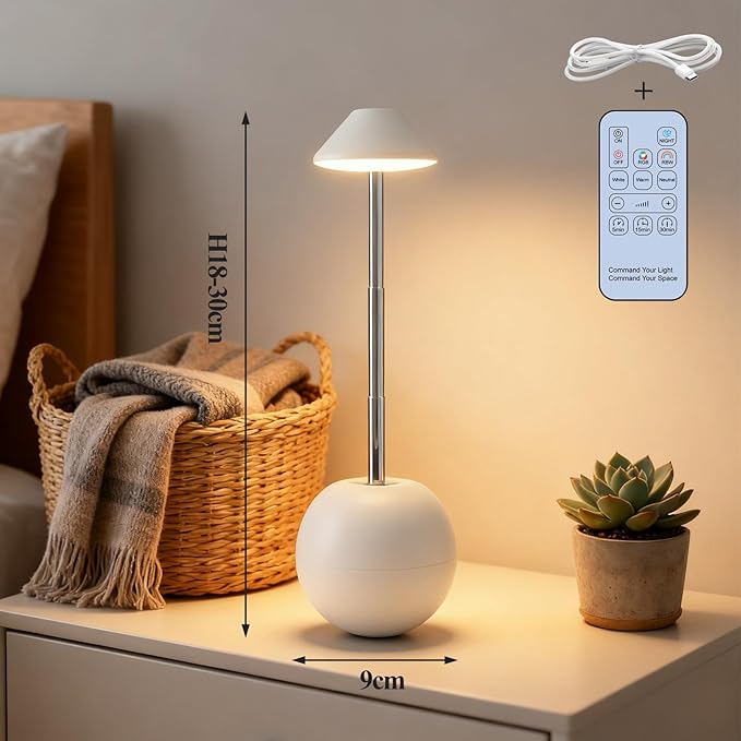Rechargeable LED Night Light for Bedroom - Bright Bedside Lamp with Remote Control, Desk Lamp & Mood Lighting for Kids Adults (White)