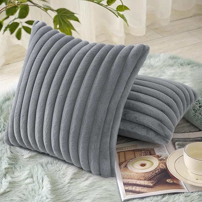 decorUhome Faux Fur Spring Throw Pillow Covers 20x20 Set of 2, Decorative Soft Plush Striped Neutral Couch Pillow Covers with Velvet Back for Sofa, Bed, Living Room Home, Grey