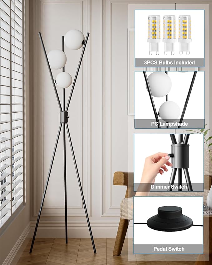 ACOHOOK 3 Globe Dimmable Tripod Floor Lamp, Mid Century Standing Lamps with 3Pcs 3000K Bulbs Included, Modern Tall Lamp for Living Room Bedroom Office-Black
