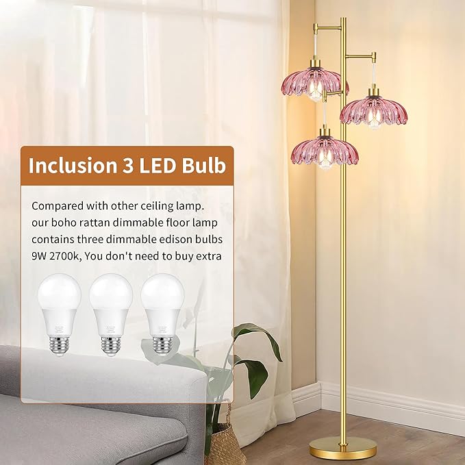 ZECOXOL Vintage Floor Lamps for Living Room Bedroom-3 Light Glass Floor Lamp with Three Led Bulb, Modern Mid Century Standing Lamp Brass Tall Lamp Gold Tree Floor Lamp for Bedroom Corner