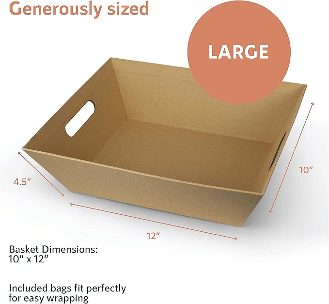 (5pk) Large Baskets For Gifts Empty, Tray For Gifting, Storage 10x12” Sturdy Cardboard Tray With Handles, 5 Cellophane Gift Bags And 5 Gold Pull Bows For Gifting