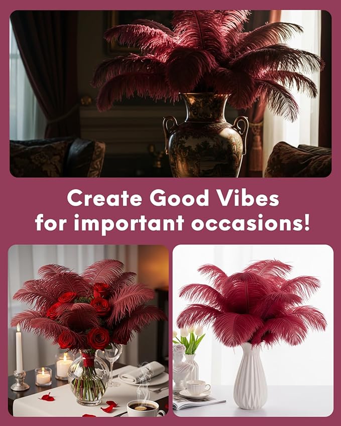 NEWONG 30pcs Wine red Ostrich Feathers Natural Bulk 9-12in（23-30cm） Vase Craft Wedding Home Party Centerpieces Christmas Day Decoration