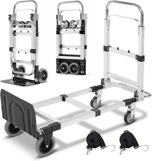 3 in 1 Folding Hand Truck Dolly Cart, Heavy-Duty Foldable and Convertible Design, Lightweight Portable Utility Cart with Rubber Wheels and Telescoping Handle for Moving, 500 lbs Capacity (Black)