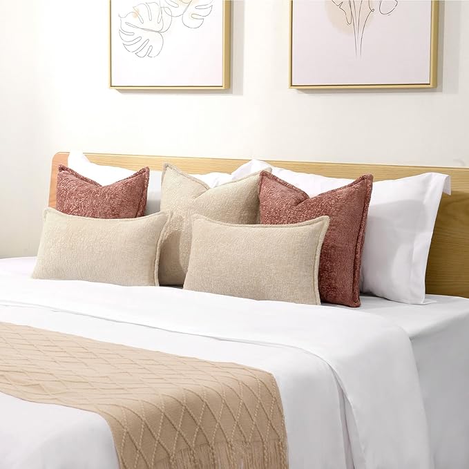 DEZENE Pack of 2 Beige Decorative Throw Pillow Covers 12x20 Cozy Soft Chenille Boho Accent Vintage Farmhouse Rectangular Lumbar Couch Pillow Covers for Home Decor Bed Sofa Living Room
