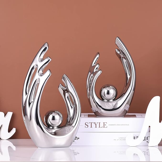 12"H Modern Silver Home Accent, Ceramic Tv Stand Centerpiece Decor, Mid Century Modern Abstract Aesthetics Silver Desk Accessories, Office Table Party Decor