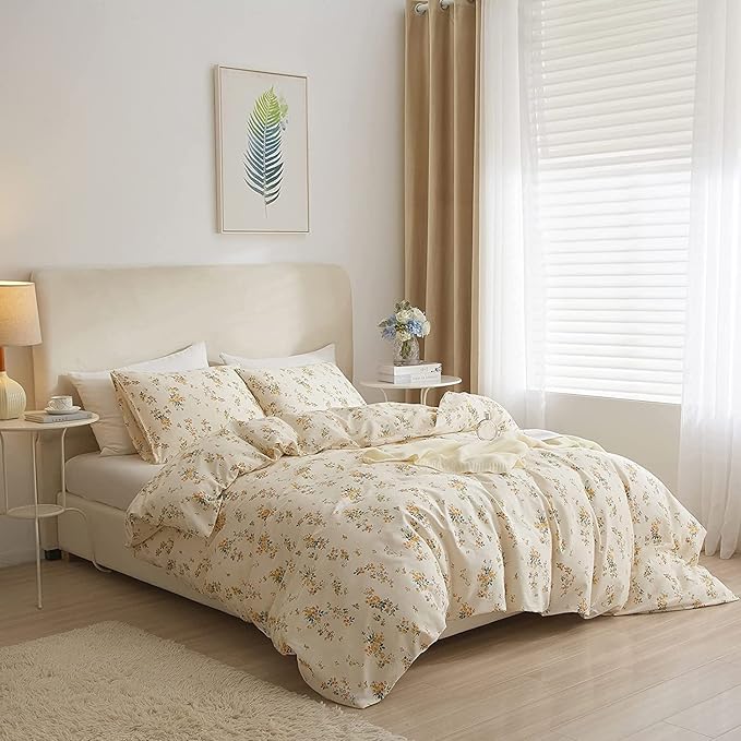 LifeTB Chic Garden Floral Twin XL Soft Cotton Yellow Floral Bedding Sets Cottagecore Botanical Comforter Cover with Zipper Closure