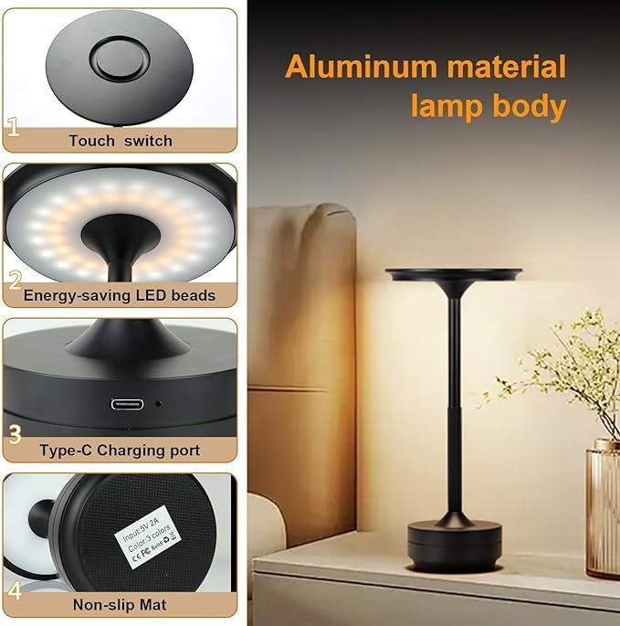 Cordless Table Lamp Rechargeable, 5200mAh Battery Operated Desk Lamps, 3-Color Stepless Dimming Table Lights, Portable Outdoor Table Lamps for Dining Office Bar Restaurant Hotel(Black)