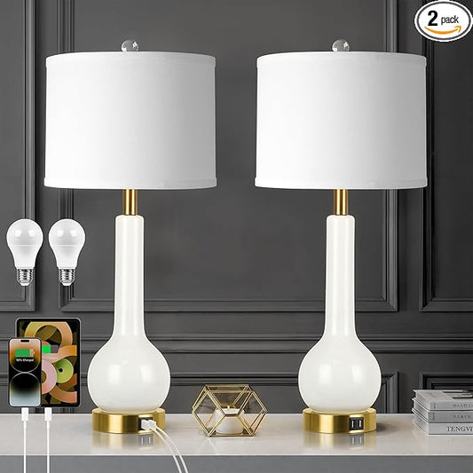 ROTTOGOON 27.5'' Tall Ceramic Table Lamp Set of 2 for Living Room, 3 Color Temperatures Bedroom Lamps with 2 USB Ports, Modern White Bedside Lamps for Night Stands (Bulbs Included)