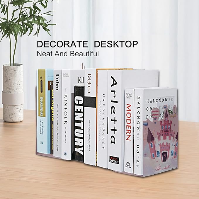 2 Pack Metal Bookends,Non-Slip Castle-Shaped with Baloon Cartoon Book Stopper,5.3"x3.9"x8"Heavy Duty Premium Decorative Book End, Supports for Kids Children Shelves,School,Room,Office,Learning Gifts