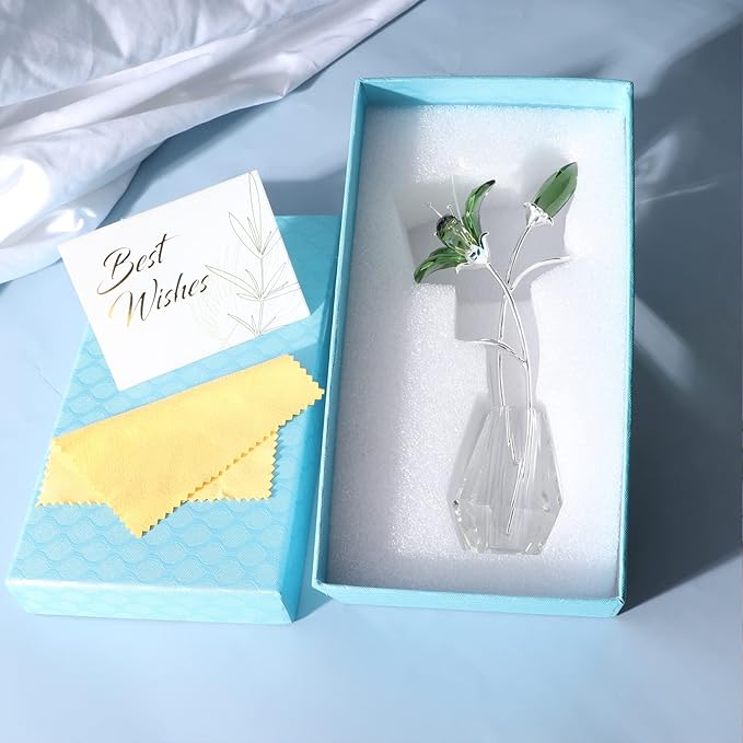 Movdyka Crystal Lily Flower Figurine with Stems, Handmade Collectible Statue for Decoration Mothers Day, Centerpiece, Valentines Day, Bridal Shower Gift Green