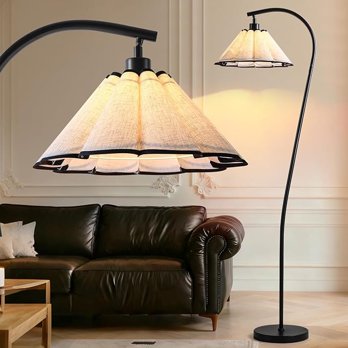 Omlaamy Floor Lamp with Pleated Linen Lampshade, Modern Flower Floor Lamp for Living Room Arc Standing Lamp, Gold Tall Lamp for Bedroom Office Dining Room, Bulb Included (Black + Black, 66.1IN)