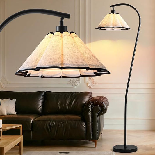 Omlaamy Floor Lamp with Pleated Linen Lampshade, Modern Flower Floor Lamp for Living Room Arc Standing Lamp, Gold Tall Lamp for Bedroom Office Dining Room, Bulb Included (Black + Black, 66.1IN)