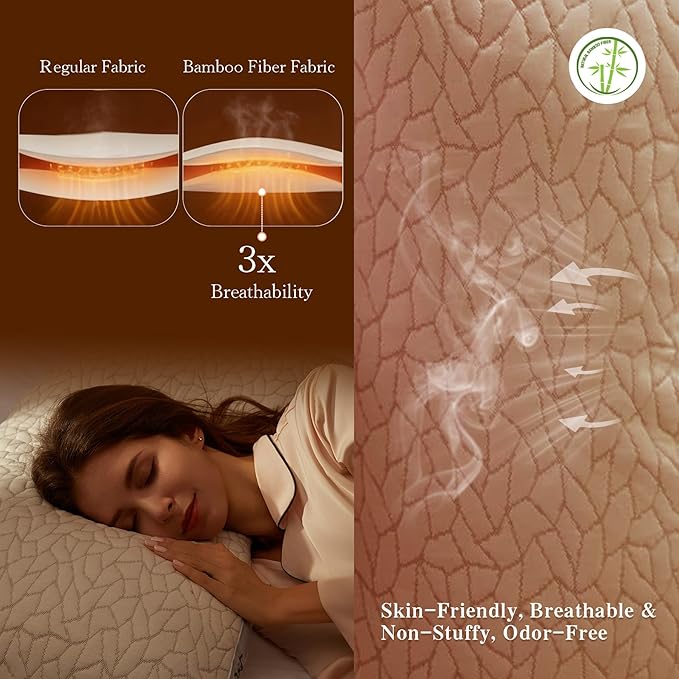 Luneast Memory Foam Pillows for Sleeping Adjustable Bamboo Blend Breathable Bed Pillow for Side, Back, and Stomach Sleepers Washable Pillow Cover Nocturne Queen Size 17x27IN
