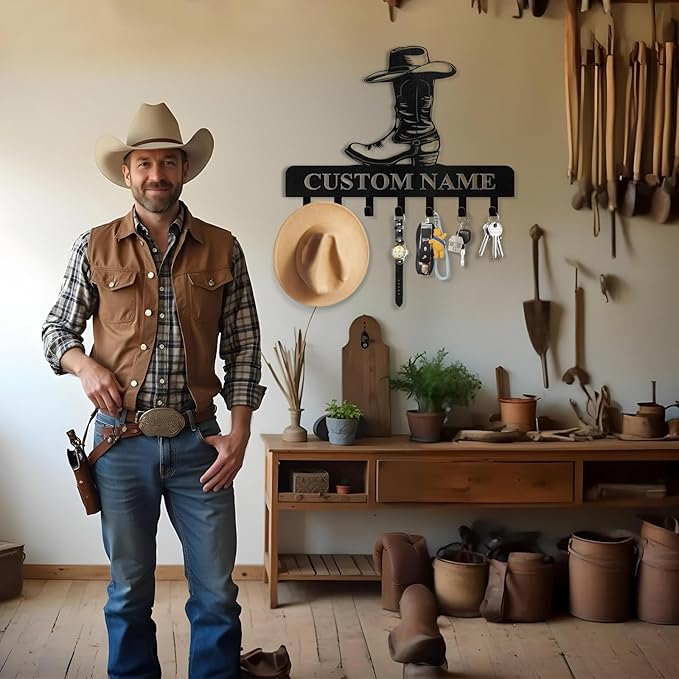 Personalized Cowboy Coat Hooks, Cowboy Boots Key Holder Wall Mount, Clothes Cowboy Hat Rack and Backpack Hanger, Western Wall Decor, Metal Key Rack Organizer for Living Room Kitchen Color02