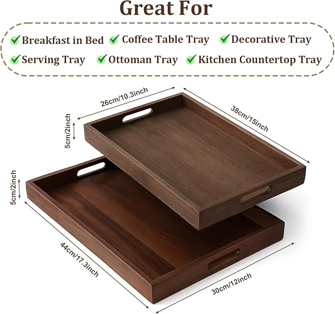 SHENLIU 2 Pcs Acacia Wood Serving Trays with Handles, 2 Sizes 17x12 & 15x10 Large Wooden Tray for Ottoman, Breakfast in Bed, Coffee Table, Decorative Rectangular Tray for Living Room Bedroom Kitchen