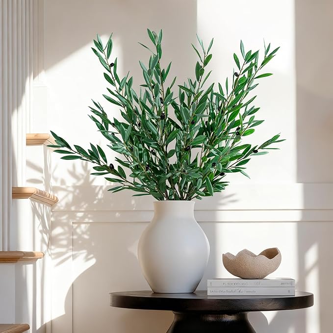 8PCS Premium Artificial Olive Branches for Vases - Realistic PU & Silk Faux Greenery Stems, 3 Sizes, Bendable Wire Stems, Low Maintenance Home/Office/Holiday Decor(No Vase
