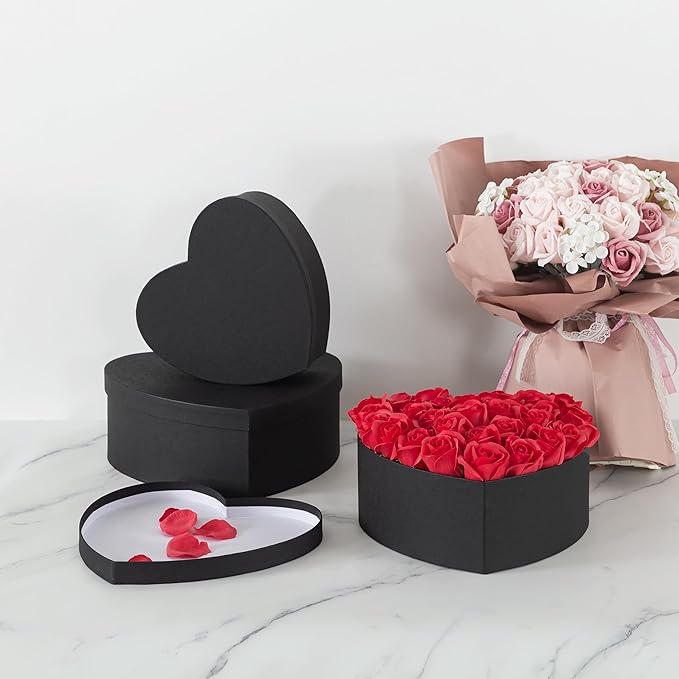 Soul & Lane Heart Shaped Gift Boxes: Set of 3 Empty Paper Mache Boxes with Lids for Flowers, Gifts, Chocolate Strawberries & Special Occasions, Cardboard Black Heart Shaped Box for Arrangements