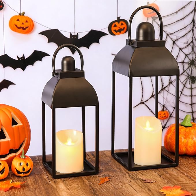 Lanterns Decorative Outdoor Indoor, Black Metal Outdoor Lanterns, 17'' 13'' Set of 2 Modern Farmhouse Candle Lantern Christmas Lanterns Centerpieces for Home, Wedding, Patio, Porch, Mantel