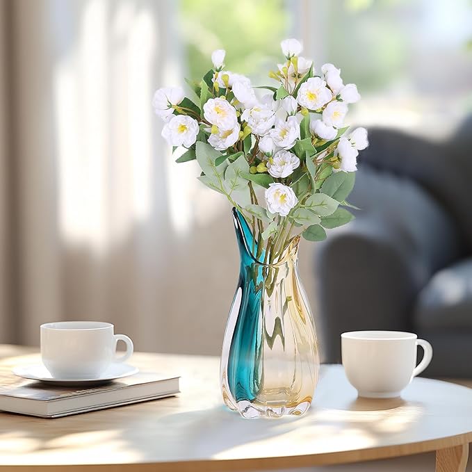 Hand Blown Glass Vase, Medium Wide Mouth Flower Vase Unique Modern Turquoise Glass Art Decor, Nonbreakable Vases for Table Centerpieces Living Room Decorative Amber and Teal Vase